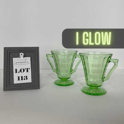 -113- URANIUM | Anchor Hocking Glass Co. Optic Block | Creamer & Sugar