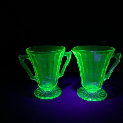 -113- URANIUM | Anchor Hocking Glass Co. Optic Block | Creamer & Sugar