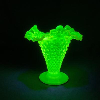 -118- URANIUM | Fenton Vaseline Glass Opalescent Hobnail Vase