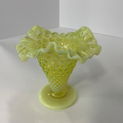 -118- URANIUM | Fenton Vaseline Glass Opalescent Hobnail Vase