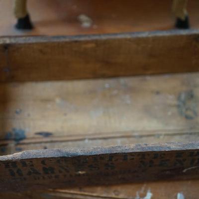 ANTIQUE HORSE PULL TOY WITH HARNESS AD WOODEN BOX.