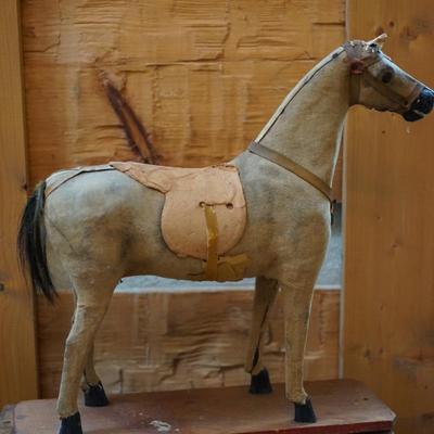 ANTIQUE HORSE PULL TOY WITH HARNESS AD WOODEN BOX.