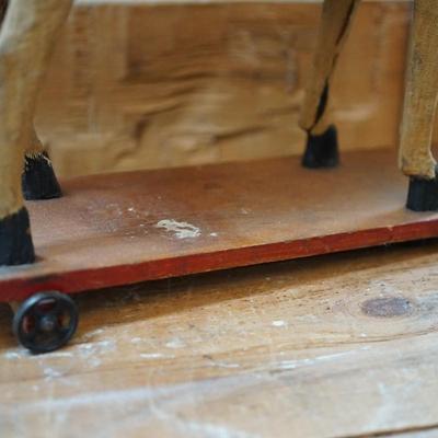 ANTIQUE HORSE PULL TOY WITH HARNESS AD WOODEN BOX.