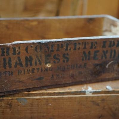 ANTIQUE HORSE PULL TOY WITH HARNESS AD WOODEN BOX.