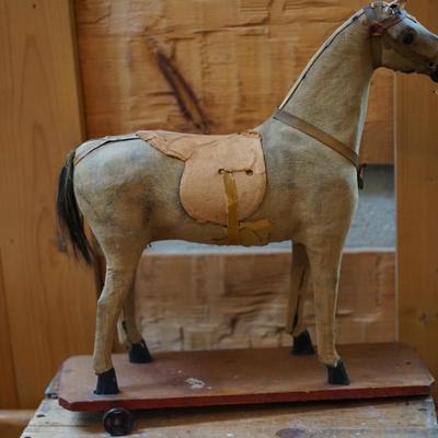 ANTIQUE HORSE PULL TOY WITH HARNESS AD WOODEN BOX.