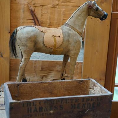 ANTIQUE HORSE PULL TOY WITH HARNESS AD WOODEN BOX.