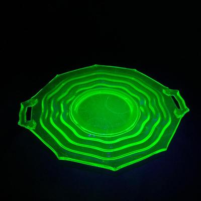 -120- URANIUM | Jenkins Glass Depression Green Ocean Wave | Handled Platter