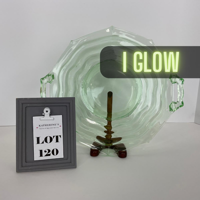 -120- URANIUM | Jenkins Glass Depression Green Ocean Wave | Handled Platter