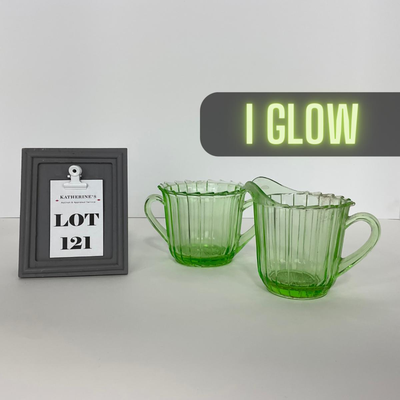 -121- URANIUM | Sierra Pinwheel Jeanette Glass Co. | Creamer & Sugar