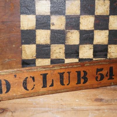ANTIQUE WOODEN PAINTED CHECKERBOARD W/ FRATERNITY PADDLE