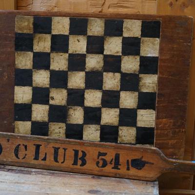 ANTIQUE WOODEN PAINTED CHECKERBOARD W/ FRATERNITY PADDLE