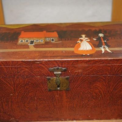 ANTIQUE GRAIN PAINTED BOX W/ FOLK ART FIGURES /LOG CABIN