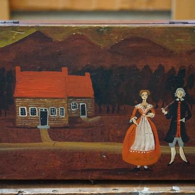 ANTIQUE GRAIN PAINTED BOX W/ FOLK ART FIGURES /LOG CABIN