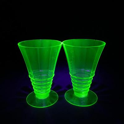 -126- URANIUM | Green Depression Glass Ribbed Water Glasses