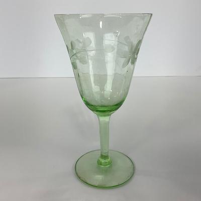 -129- URANIUM | Green Depression Glass Etched Goblet