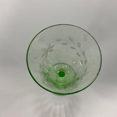 -129- URANIUM | Green Depression Glass Etched Goblet