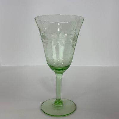 -129- URANIUM | Green Depression Glass Etched Goblet