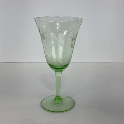 -129- URANIUM | Green Depression Glass Etched Goblet