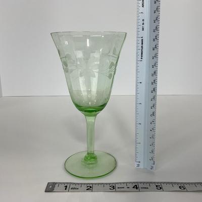 -129- URANIUM | Green Depression Glass Etched Goblet