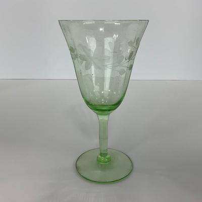 -129- URANIUM | Green Depression Glass Etched Goblet