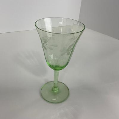 -129- URANIUM | Green Depression Glass Etched Goblet