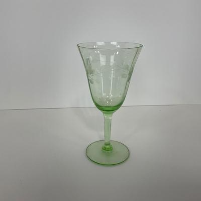 -129- URANIUM | Green Depression Glass Etched Goblet