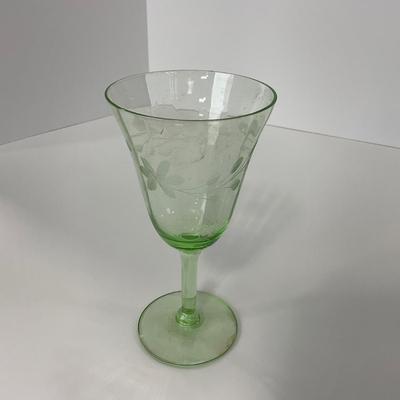 -129- URANIUM | Green Depression Glass Etched Goblet