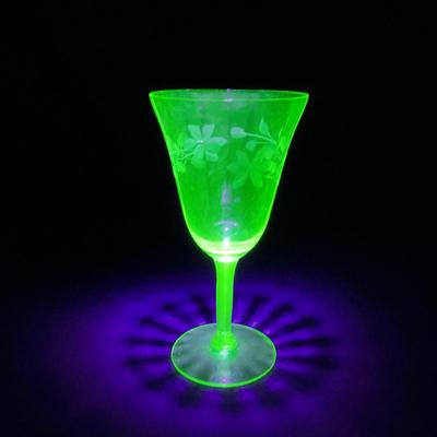 -129- URANIUM | Green Depression Glass Etched Goblet