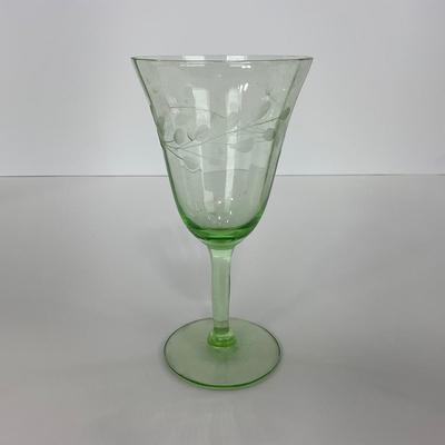 -129- URANIUM | Green Depression Glass Etched Goblet
