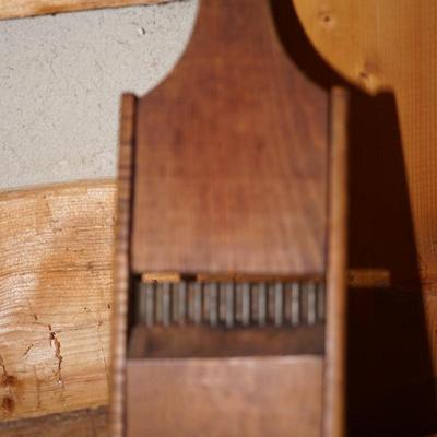 ANTIQUE DOUGH BOWL , MAPLE GRAIN SCOOP, MAPLE CARVED LARGE SPOON & EARLY GRATER