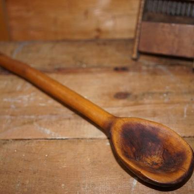 ANTIQUE DOUGH BOWL , MAPLE GRAIN SCOOP, MAPLE CARVED LARGE SPOON & EARLY GRATER