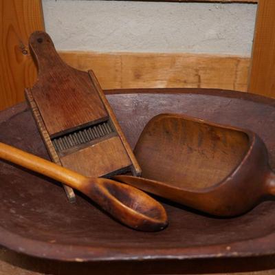 ANTIQUE DOUGH BOWL , MAPLE GRAIN SCOOP, MAPLE CARVED LARGE SPOON & EARLY GRATER