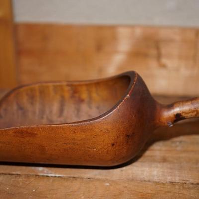 ANTIQUE DOUGH BOWL , MAPLE GRAIN SCOOP, MAPLE CARVED LARGE SPOON & EARLY GRATER