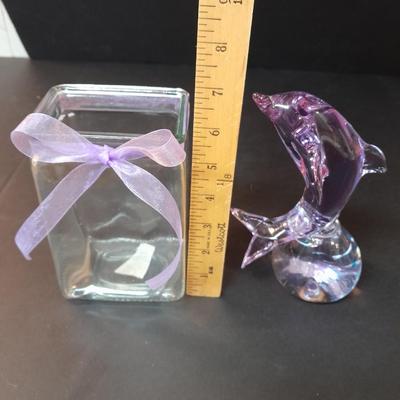 Elegant glass Purple Dolphin on clear ball with a glass vase