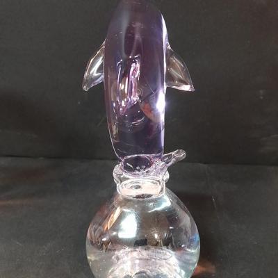 Elegant glass Purple Dolphin on clear ball with a glass vase