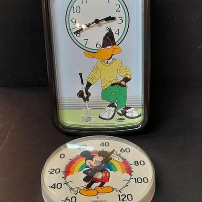 Westclox Warner Brothers Daffy Duck clock and Springfield Disney Mickey Mouse wall Thermometer