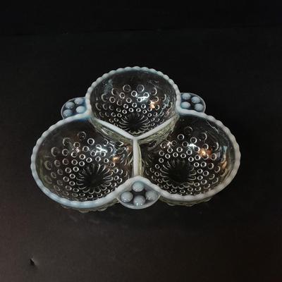 Fenton Hobnail Moonstone OPALESCENT Bowl and 3 section divided dish with milk glass ruffle edges