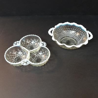 Fenton Hobnail Moonstone OPALESCENT Bowl and 3 section divided dish with milk glass ruffle edges