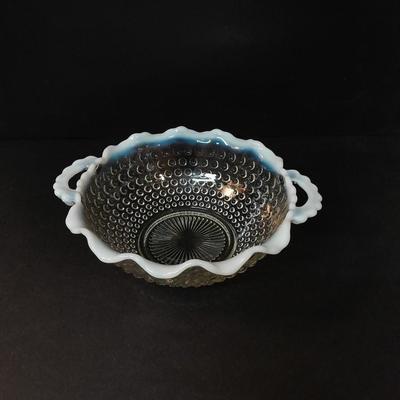 Fenton Hobnail Moonstone OPALESCENT Bowl and 3 section divided dish with milk glass ruffle edges