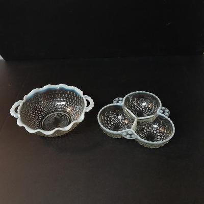 Fenton Hobnail Moonstone OPALESCENT Bowl and 3 section divided dish with milk glass ruffle edges