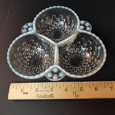 Fenton Hobnail Moonstone OPALESCENT Bowl and 3 section divided dish with milk glass ruffle edges