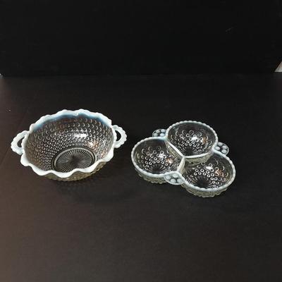 Fenton Hobnail Moonstone OPALESCENT Bowl and 3 section divided dish with milk glass ruffle edges