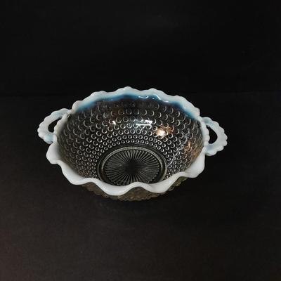 Fenton Hobnail Moonstone OPALESCENT Bowl and 3 section divided dish with milk glass ruffle edges