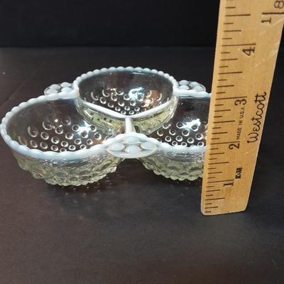 Fenton Hobnail Moonstone OPALESCENT Bowl and 3 section divided dish with milk glass ruffle edges