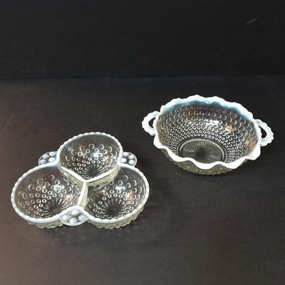 Fenton Hobnail Moonstone OPALESCENT Bowl and 3 section divided dish with milk glass ruffle edges