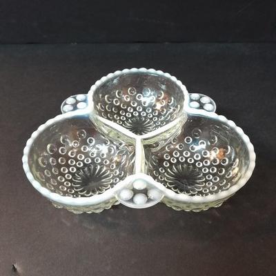 Fenton Hobnail Moonstone OPALESCENT Bowl and 3 section divided dish with milk glass ruffle edges
