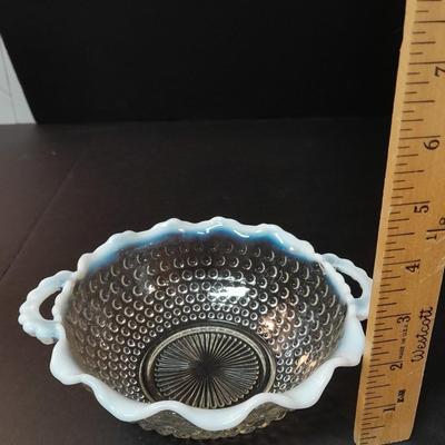 Fenton Hobnail Moonstone OPALESCENT Bowl and 3 section divided dish with milk glass ruffle edges