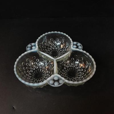Fenton Hobnail Moonstone OPALESCENT Bowl and 3 section divided dish with milk glass ruffle edges