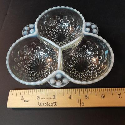 Fenton Hobnail Moonstone OPALESCENT Bowl and 3 section divided dish with milk glass ruffle edges