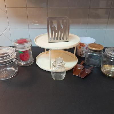 Kitchen canisters, metal napkin holder, organizer and more